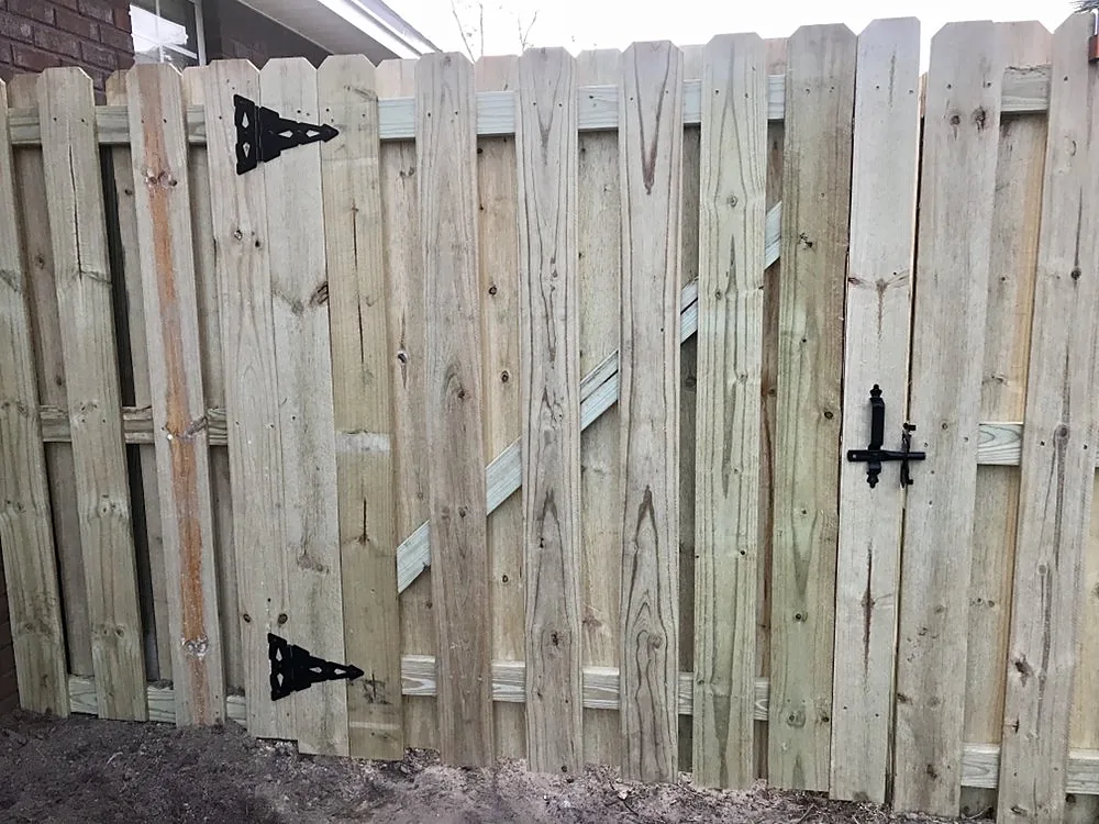 A board privacy fence in new timber with a matching gate hung in it on black strap hinges