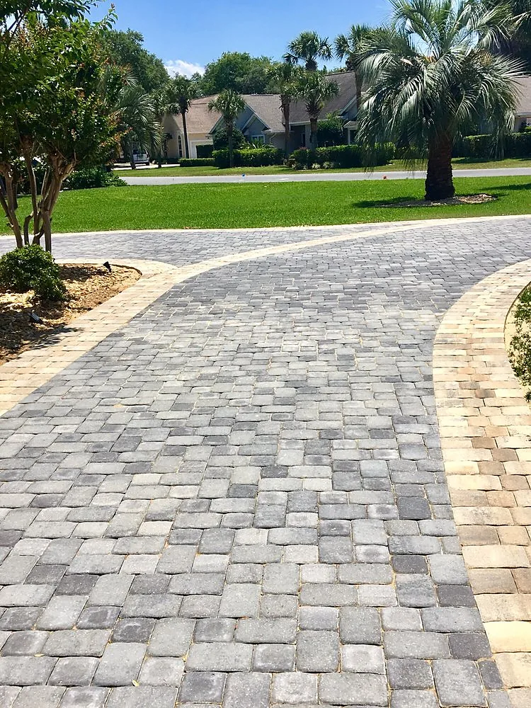A gray paver walkway curving across a lawn toward the street, with palms and a clipped hedge along one side